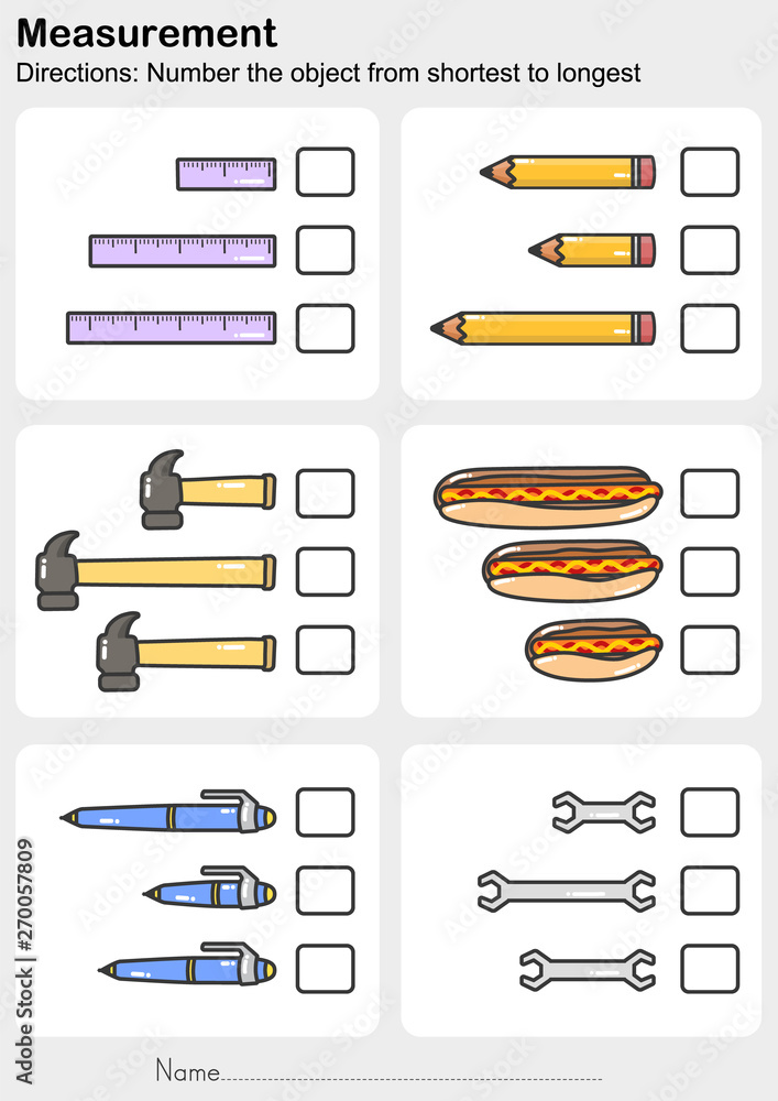 Wall mural measurement worksheet - number the object from shortest to longest - worksheet for education.