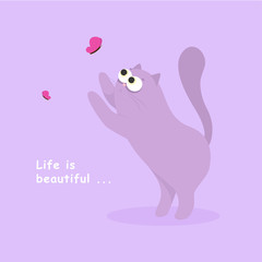 Cute purple cat in action. Flat vector illustration eps 10
