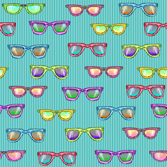 Seamless pattern with glasses on a turquoise striped background