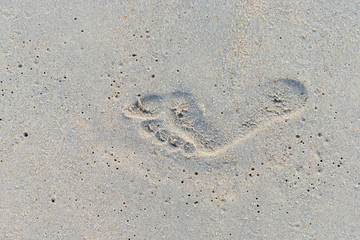 Fototapeta na wymiar Clear wet human footprint on sand on beach