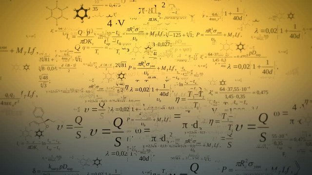 Camera Flying Through Mathematical Equations And Formulas / Animation presents  mathematical formulas on sepia gray  background flying to the camera