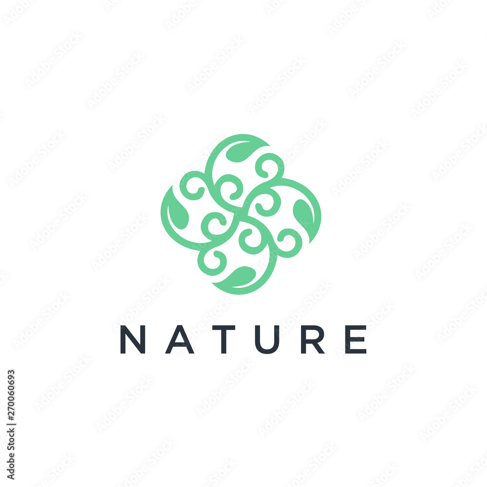 Poster Vector logo of nature in linear style. Outline icon of simple landscape with trees, sun, fields - business emblems, badge for a travel, farming and ecology concepts, health, spa and yoga Center.