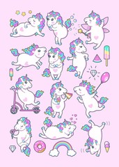 Set of cute unicorns with rainbow mane