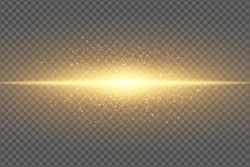 Magic stylish light effect on a transparent background. Abstract golden flash. Glowing flying dust. Neon gold line. Shimmering particles flying. Vector illustration