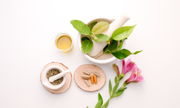 alternative herb medicine with herbal the organic natural ingredient and oil capsule, natural product.food nutrition healthy and wellness.