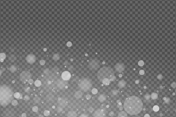 Light effect. Abstract lights bokeh isolated on transparent background. White glowing. Snowfall effect. Random blurry spots. Vector illustration