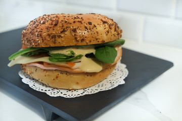 bagel with ham cheese .  fresh fast food 