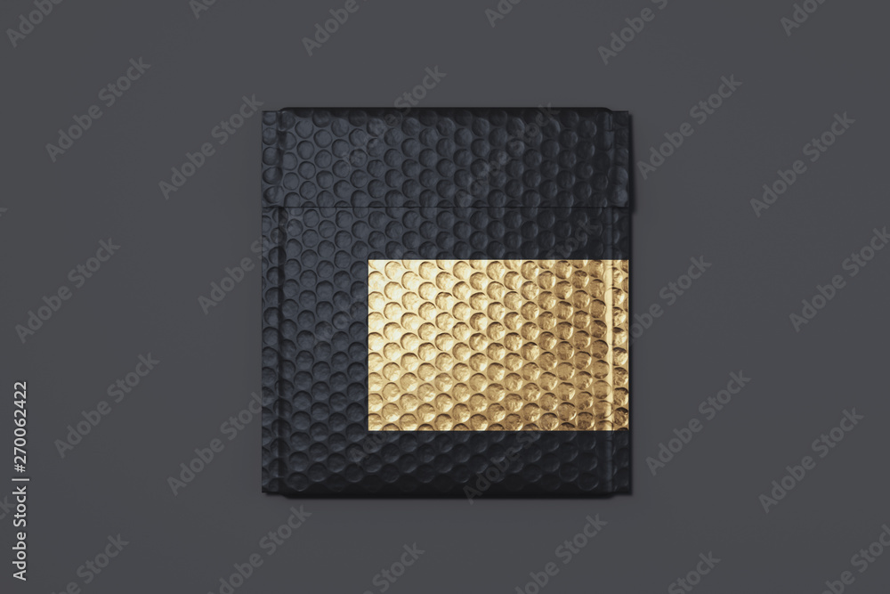 Poster black packet on black background. 3d rendering. copy space. empty space.
