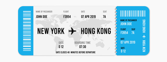 Realistic airline ticket design with passenger name. Vector illustration - obrazy, fototapety, plakaty