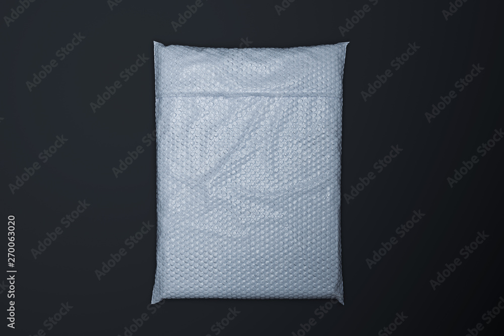 Poster white realistic packet in transparent wrapping on black background. 3d rendering