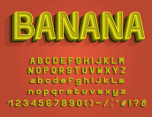 Yellow banana Alphabet. Vector 3D layered typeface. Bright vintage font for food design. English capital and small letters, numbers