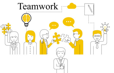 Teamwork People Vector - On White Background - Vector Illustration. Teamwork Line Icons For Web Design, Jigsaw And Team Work Projects. Happy Flat People Holding Puzzle Pieces And Light Bulb Idea Icon