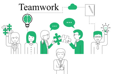 Teamwork People Vector - On White Background - Vector Illustration. Teamwork Line Icons For Web Design, Jigsaw And Team Work Projects. Happy Flat People Holding Puzzle Pieces And Light Bulb Idea Icon