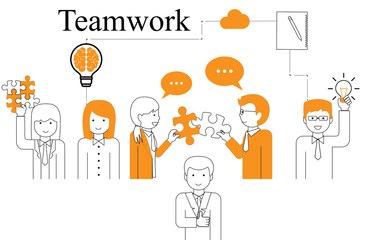 Teamwork People Vector - On White Background - Vector Illustration. Teamwork Line Icons For Web Design, Jigsaw And Team Work Projects. Happy Flat People Holding Puzzle Pieces And Light Bulb Idea Icon
