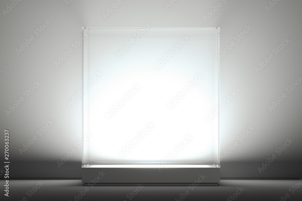 Poster modern showcase with glass and empty space on white background. 3d rendering.