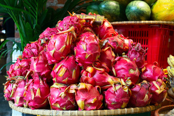 Pitaya or pitahaya (Dragon fruit) In the Asian market.