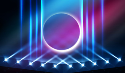 Background of empty stage show. Neon light and laser show. Laser futuristic shapes on a dark background. Abstract dark background with neon glow