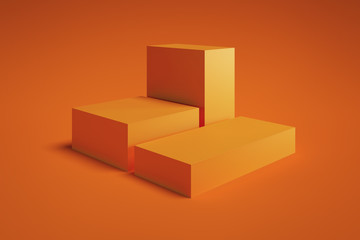 Fototapeta premium Modern Showcase with empty space on pedestal on orange background. 3d rendering.