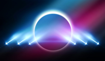 Background of empty stage show. Neon light and laser show. Laser futuristic shapes on a dark background. Abstract dark background with neon glow
