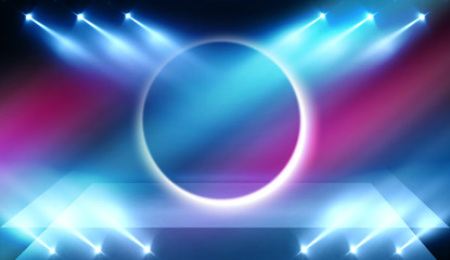 Background of empty stage show. Neon light and laser show. Laser futuristic shapes on a dark background. Abstract dark background with neon glow