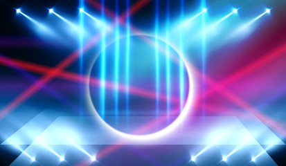 Background of empty stage show. Neon light and laser show. Laser futuristic shapes on a dark background. Abstract dark background with neon glow
