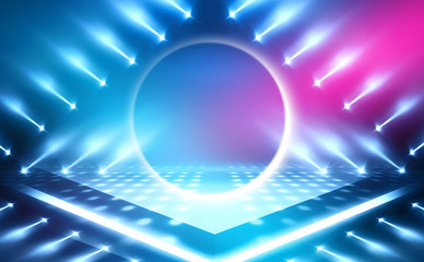 Background of empty stage show. Neon light and laser show. Laser futuristic shapes on a dark background. Abstract dark background with neon glow
