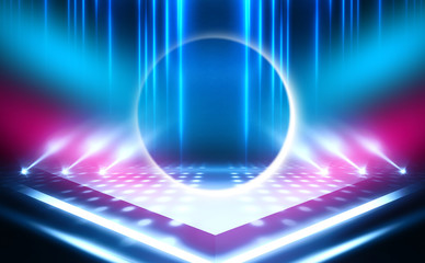 Background of empty stage show. Neon light and laser show. Laser futuristic shapes on a dark background. Abstract dark background with neon glow