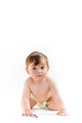 Chubby baby boy in diapers isolated on white background. Child care, motherhood