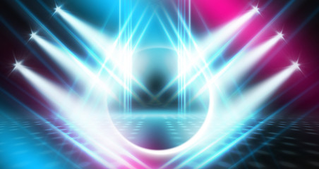 Background of empty stage show. Neon light and laser show. Laser futuristic shapes on a dark background. Abstract dark background with neon glow