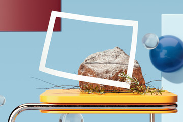 Frame on multicolored geometric figures and objects background. 3d rendering.