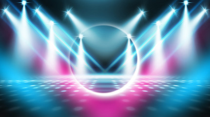 Background of empty stage show. Neon light and laser show. Laser futuristic shapes on a dark background. Abstract dark background with neon glow