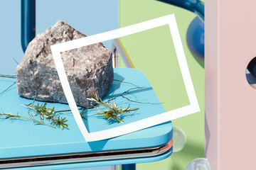 Frame on multicolored geometric figures and objects background. 3d rendering.