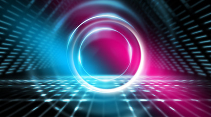 Background of empty stage show. Neon light and laser show. Laser futuristic shapes on a dark background. Abstract dark background with neon glow