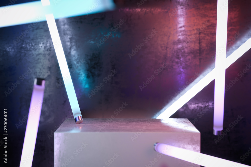 Poster showcase on neon illuminated abstract background with lamps. 3d rendering.