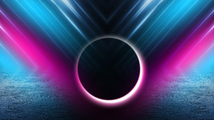 Background of empty stage show. Neon light and laser show. Laser futuristic shapes on a dark background. Abstract dark background with neon glow