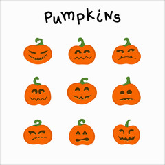Collection of funny pumpkins with different emotions for Halloween. Suitable for invitations, postcards, textiles, stationery and other attributes of the holiday.