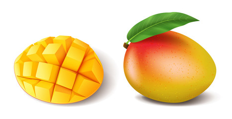 Realistic ripe mango fruit whole with leaf and sliced