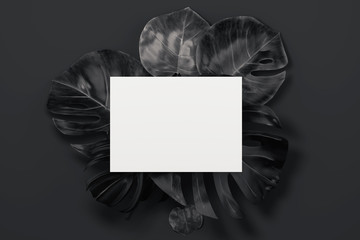 Black tropical flowers and empty paper sheet on black background. 3D rendering.