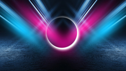 Background of empty stage show. Neon light and laser show. Laser futuristic shapes on a dark background. Abstract dark background with neon glow