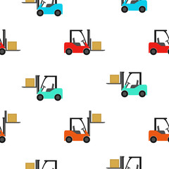Seamless pattern of forklift truck. Transportation of goods in stock. Vector  illustration
