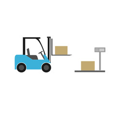 Naklejka premium Forklift truck icon. Transportation of cargo and boxes in the warehouse. Vector illustration