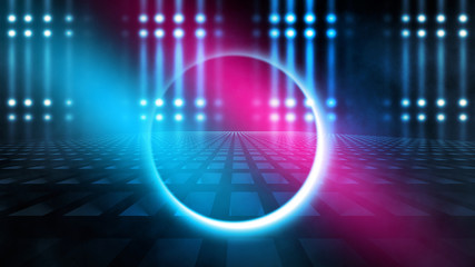 Background of empty stage show. Neon light and laser show. Laser futuristic shapes on a dark background. Abstract dark background with neon glow