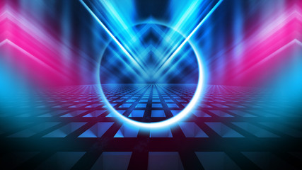 Background of empty stage show. Neon light and laser show. Laser futuristic shapes on a dark background. Abstract dark background with neon glow