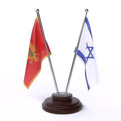 Montenegro and Israel, two table flags isolated on white background. 3d image