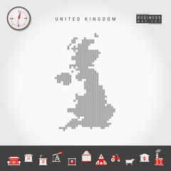 Vector Vertical Lines Pattern Map of United Kingdom. Striped Simple Silhouette of Great Britain. Realistic Vector Compass. Business Infographic Icons.