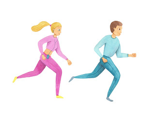 Fototapeta na wymiar man and woman Running. watercolor isolated illustration. boy and girl Jogging
