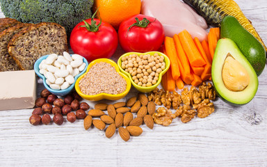 Nutritious ingredients and products containing vitamin B3 (PP, niacin) and other natural minerals, concept of healthy lifestyle and nutrition.