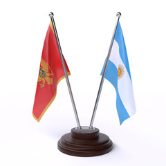 Montenegro and Argentina, two table flags isolated on white background. 3d image