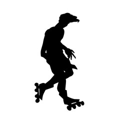 Silhouette of guy on roller skates. Guy make a stunt. Vector black and white illustration. Cutout isolated object. Sports goods elements.