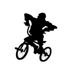 Silhouette of guy on bmx bicycle. Vector black and white illustration. Cutout isolated object. Sports goods elements.